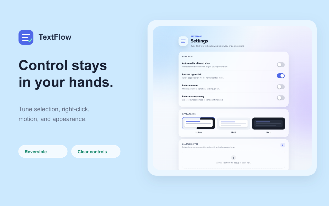 TextFlow settings with right-click, motion, appearance, and allowed-site controls